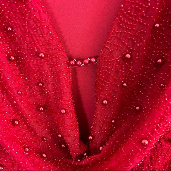 Oh Polly Deep Plunge Fully Beaded Red Long Sleeve Cowl Neck Mini Dress 8 Holiday - Picture 5 of 13
